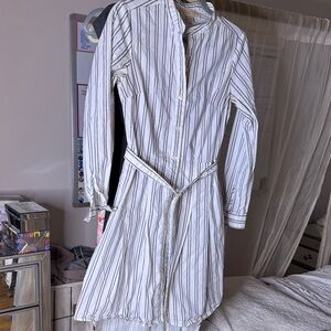 Michael Kors White and Blue Striped Long Sleeve Button Down Dress